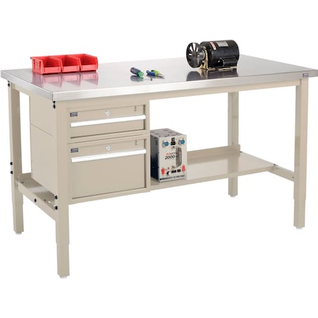 Global Industrial 60x30 Production Workbench, Stainless Steel Square Edge, Drawers & Shelf Tan 319235TN